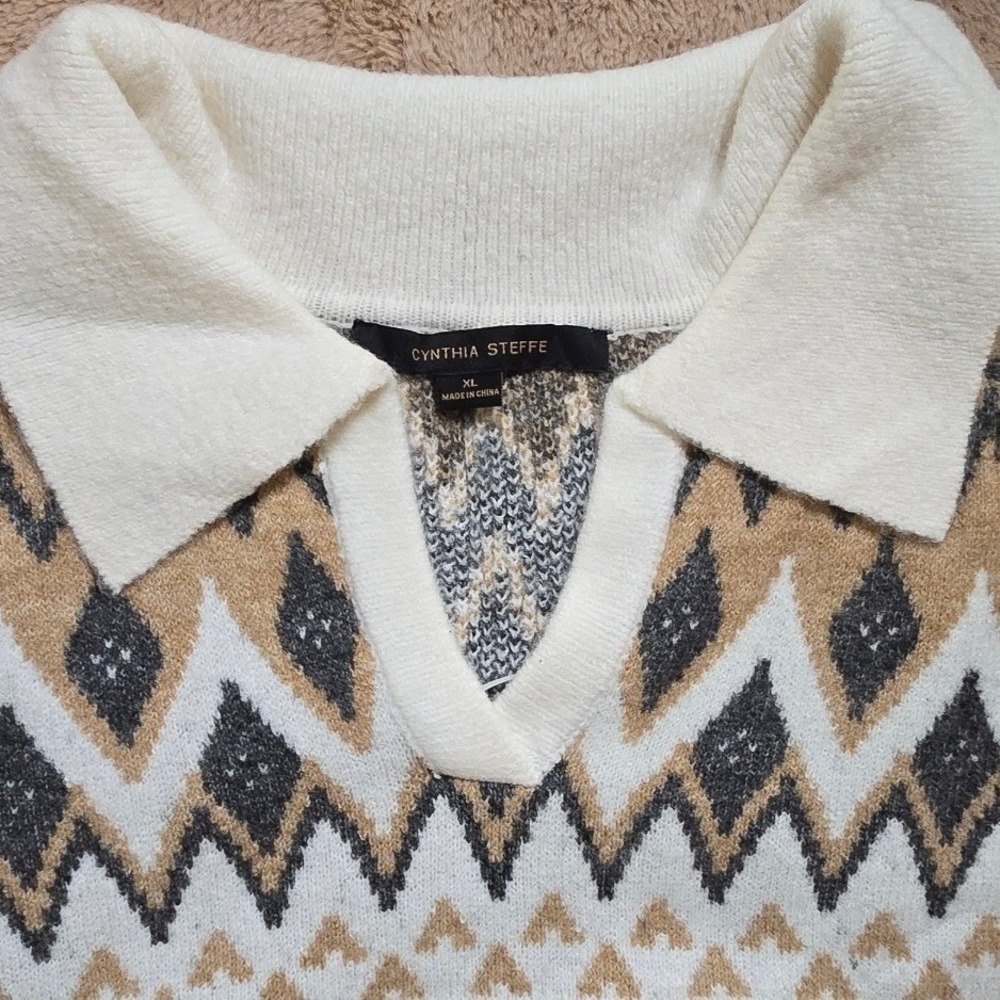 $79 NWOT CYNTHIA STEFFE‎ fair isle sweater dress XL neutral apres ski collar - Picture 3 of 6